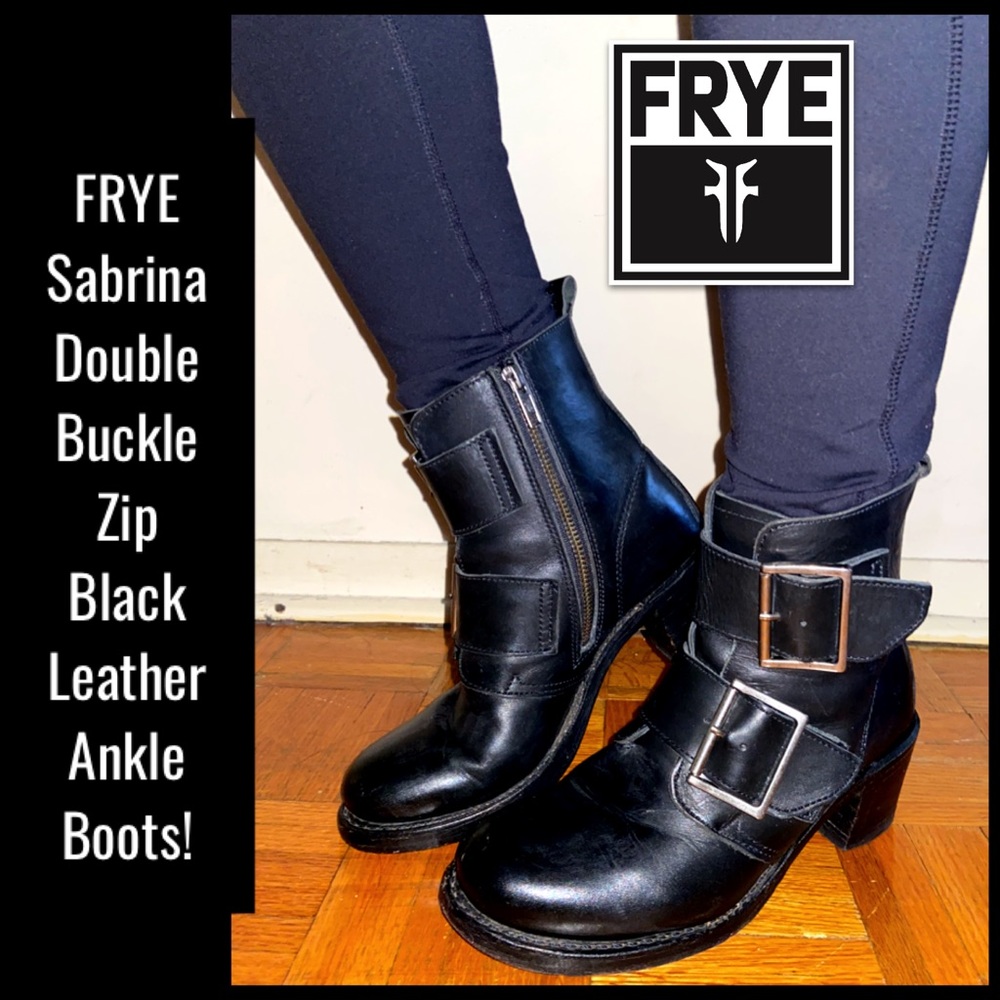 FRYE Sabrina Double Buckle Zip Leather Ankle Boots